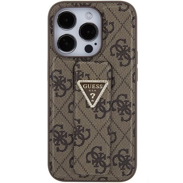 Guess GUHCP15LPGS4TDW iPhone 15 Pro 6.1" barna keménytok Grip Stand 4G Triangle Strass