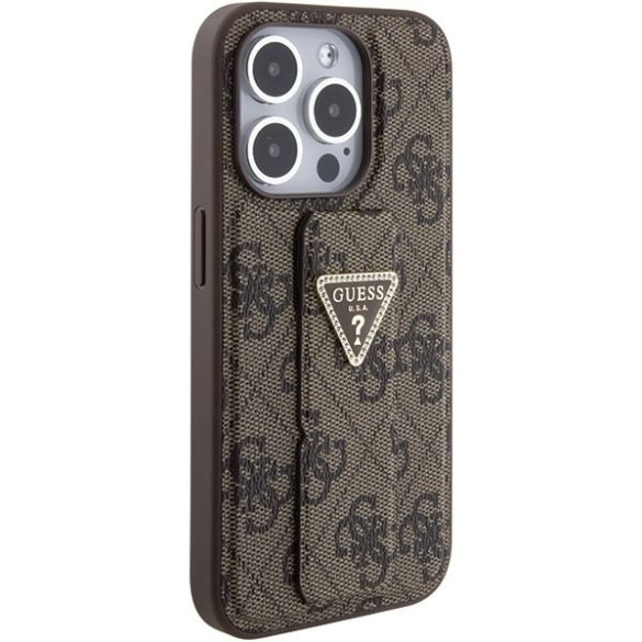 Guess GUHCP15LPGS4TDW iPhone 15 Pro 6.1" barna keménytok Grip Stand 4G Triangle Strass