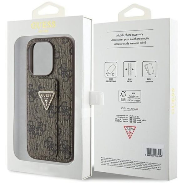 Guess GUHCP15LPGS4TDW iPhone 15 Pro 6.1" barna keménytok Grip Stand 4G Triangle Strass