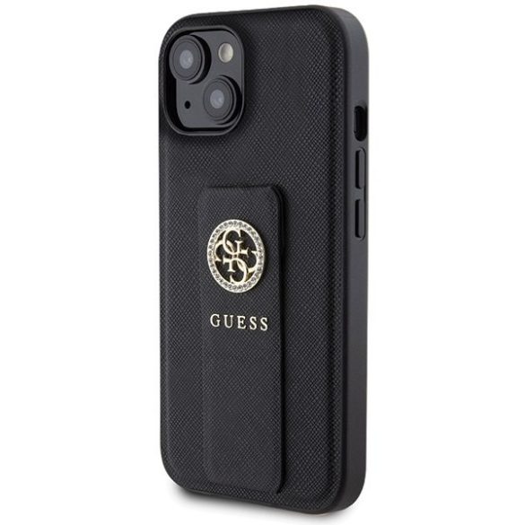 Guess GUHCP15SPGSSADK iPhone 15 6,1" fekete keménytok Grip Stand 4G Saffiano Strass