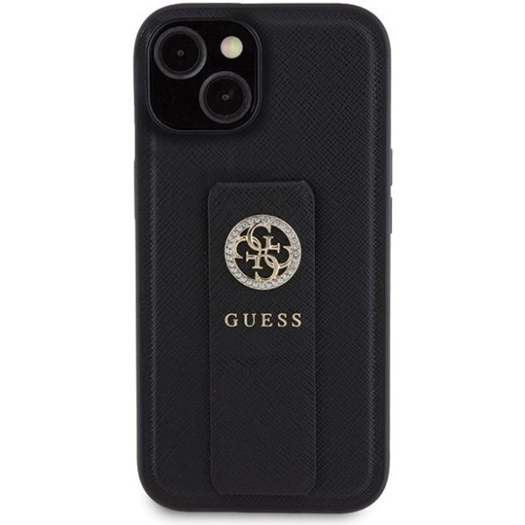 Guess GUHCP15SPGSSADK iPhone 15 6,1" fekete keménytok Grip Stand 4G Saffiano Strass