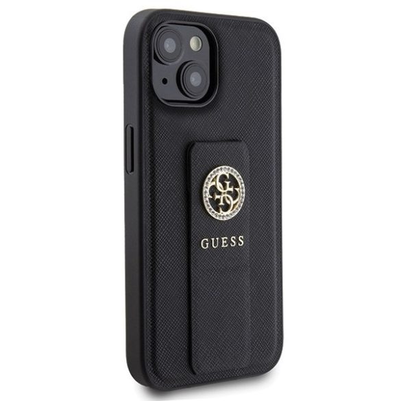 Guess GUHCP15SPGSSADK iPhone 15 6,1" fekete keménytok Grip Stand 4G Saffiano Strass