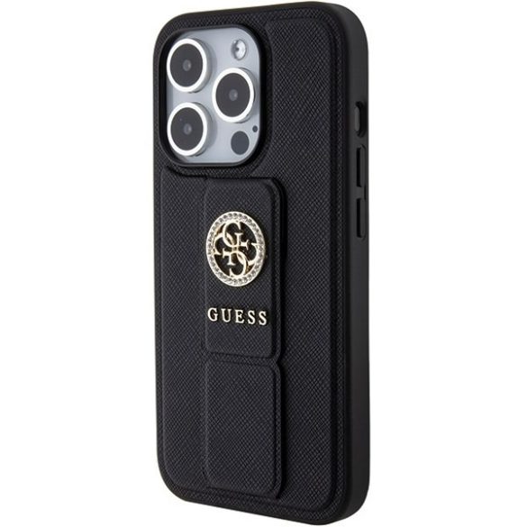 Guess GUHCP15LPGSSADK iPhone 15 Pro 6.1" fekete keménytok Grip Stand 4G saffiano Strass