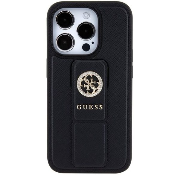 Guess GUHCP15LPGSSADK iPhone 15 Pro 6.1" fekete keménytok Grip Stand 4G saffiano Strass