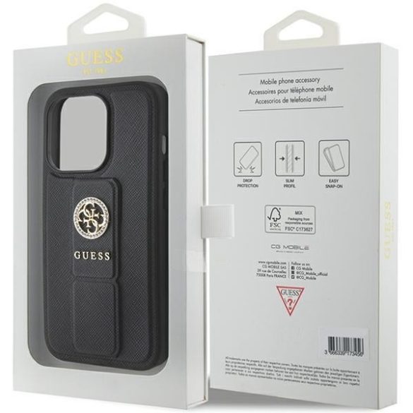 Guess GUHCP15LPGSSADK iPhone 15 Pro 6.1" fekete keménytok Grip Stand 4G saffiano Strass