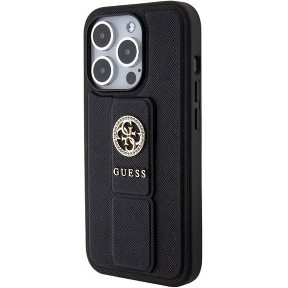 Guess GUHCP15XPGSSADK iPhone 15 Pro Max 6.7" fekete keménytok Grip Stand 4G Saffiano Strass