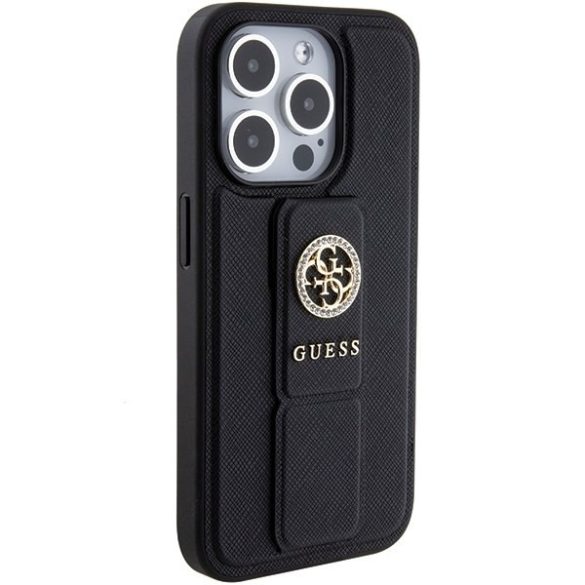 Guess GUHCP15XPGSSADK iPhone 15 Pro Max 6.7" fekete keménytok Grip Stand 4G Saffiano Strass