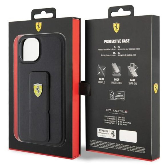 Ferrari FEHCP15SGSPSPSIK iPhone 15 / 14 / 13 6.1" fekete keménytok markolat állvány fém logó
