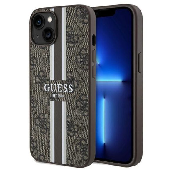 Guess GUHMP15SP4RPSW iPhone 15 / 14 / 13 6.1" barna keménytok 4G nyomtatott csíkos MagSafe tok 4G