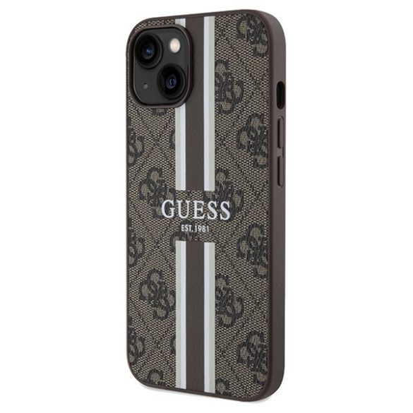 Guess GUHMP15SP4RPSW iPhone 15 / 14 / 13 6.1" barna keménytok 4G nyomtatott csíkos MagSafe tok 4G