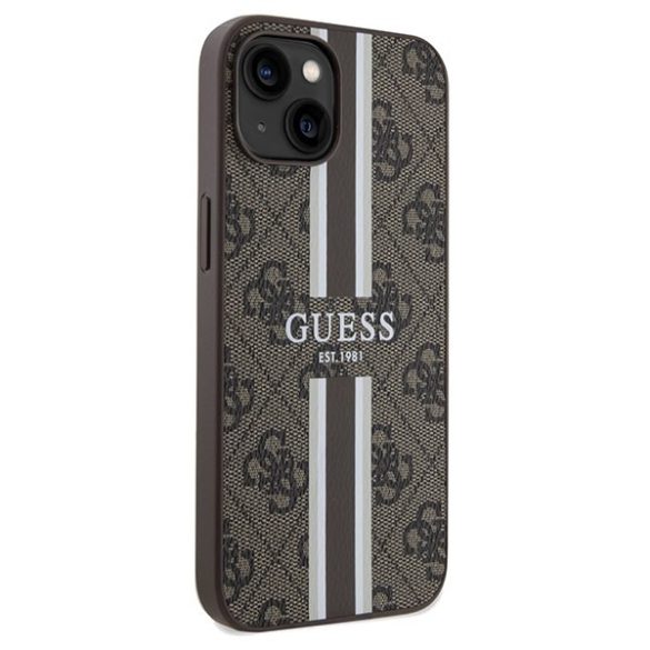 Guess GUHMP15SP4RPSW iPhone 15 / 14 / 13 6.1" barna keménytok 4G nyomtatott csíkos MagSafe tok 4G