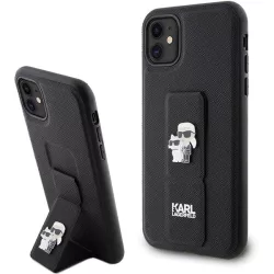   Karl Lagerfeld KLHCN61GSAKCPK iPhone 11  6.1" fekete keménytok Gripstand Saffiano Karl&Choupette kitűző