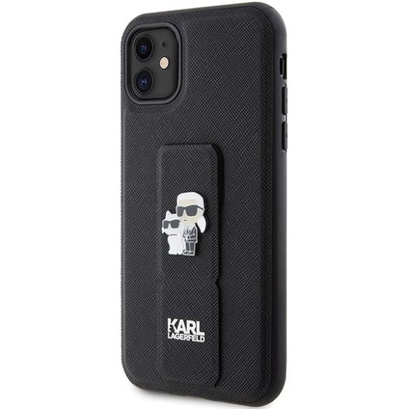 Karl Lagerfeld KLHCN61GSAKCPK iPhone 11 / Xr 6.1" fekete keménytok Gripstand Saffiano Karl&Choupette kitűző