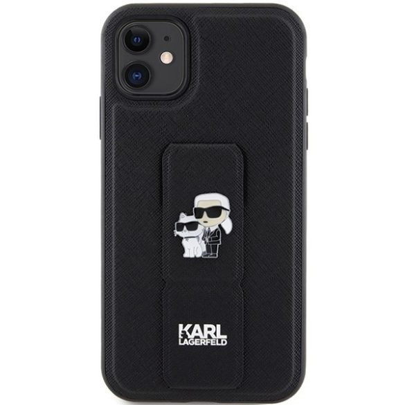 Karl Lagerfeld KLHCN61GSAKCPK iPhone 11 / Xr 6.1" fekete keménytok Gripstand Saffiano Karl&Choupette kitűző