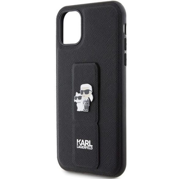 Karl Lagerfeld KLHCN61GSAKCPK iPhone 11 / Xr 6.1" fekete keménytok Gripstand Saffiano Karl&Choupette kitűző