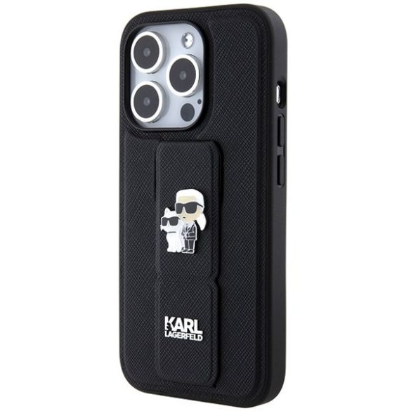 Karl Lagerfeld KLHCP13LGSAKCPK iPhone 13 Pro / 13 6.1" fekete keménytok Gripstand Saffiano Karl&Choupette kitűző