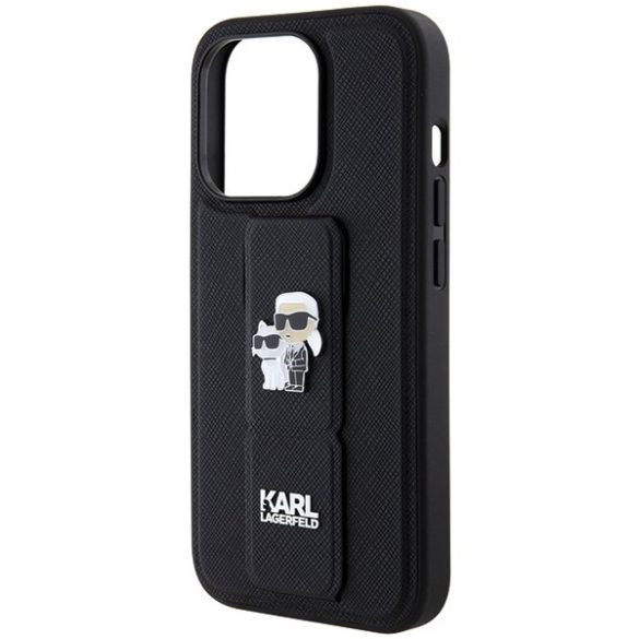 Karl Lagerfeld KLHCP13LGSAKCPK iPhone 13 Pro / 13 6.1" fekete keménytok Gripstand Saffiano Karl&Choupette kitűző