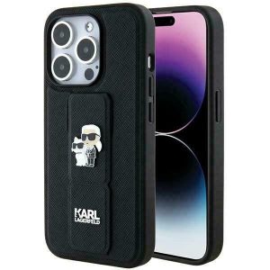 Karl Lagerfeld KLHCP13XGSAKCPK iPhone 13 Pro Max 6.7" fekete keménytok Gripstand Saffiano Karl&Choupette kitűző