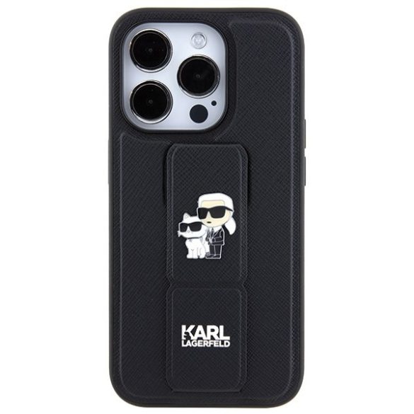 Karl Lagerfeld KLHCP13XGSAKCPK iPhone 13 Pro Max 6.7" fekete keménytok Gripstand Saffiano Karl&Choupette kitűző