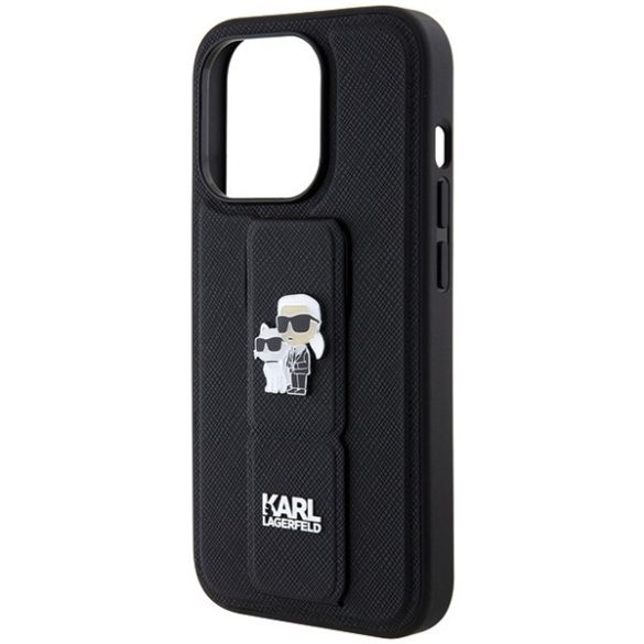 Karl Lagerfeld KLHCP13XGSAKCPK iPhone 13 Pro Max 6.7" fekete keménytok Gripstand Saffiano Karl&Choupette kitűző