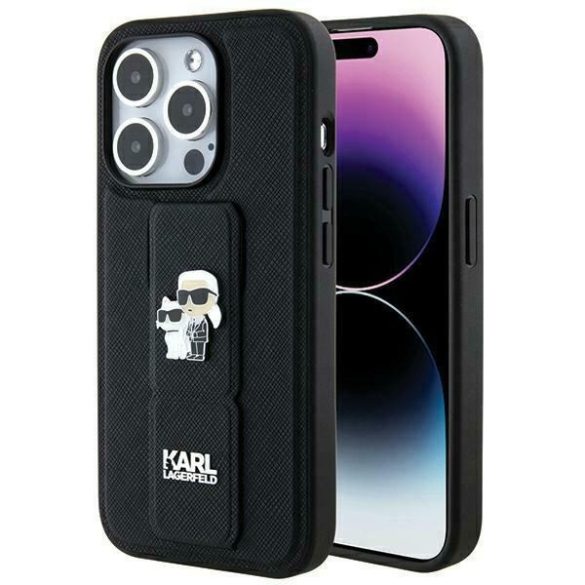 Karl Lagerfeld KLHCP14LGSAKCPK iPhone 14 Pro 6.1" fekete keménytok Gripstand Saffiano Karl&Choupette kitűzők