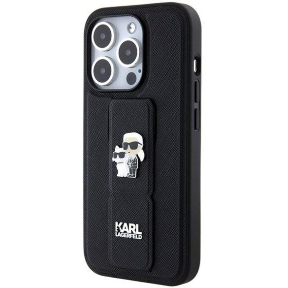 Karl Lagerfeld KLHCP14LGSAKCPK iPhone 14 Pro 6.1" fekete keménytok Gripstand Saffiano Karl&Choupette kitűzők