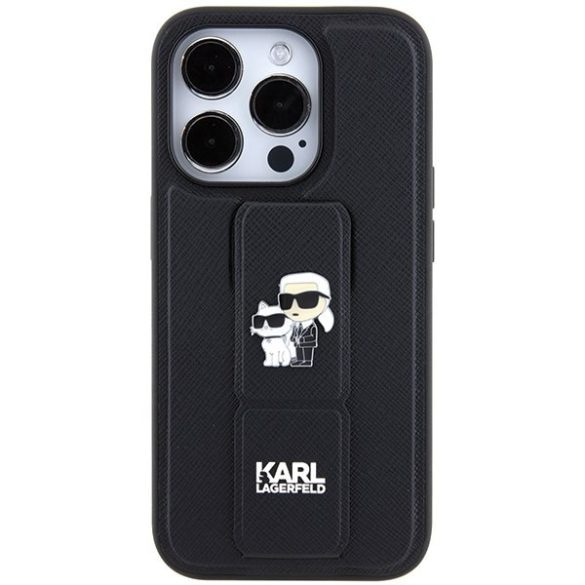 Karl Lagerfeld KLHCP14LGSAKCPK iPhone 14 Pro 6.1" fekete keménytok Gripstand Saffiano Karl&Choupette kitűzők