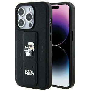 Karl Lagerfeld KLHCP14XGSAKCPK iPhone 14 Pro Max 6.7" fekete keménytok Gripstand Saffiano Karl&Choupette kitűzők