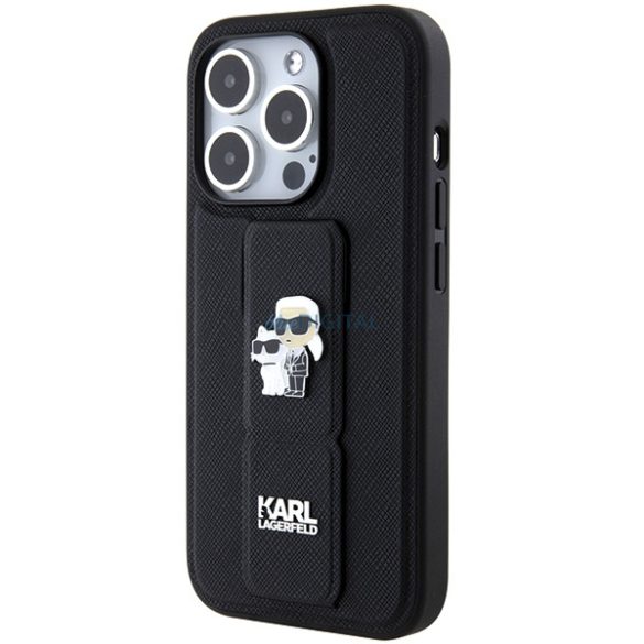 Karl Lagerfeld KLHCP14XGSAKCPK iPhone 14 Pro Max 6.7" fekete keménytok Gripstand Saffiano Karl&Choupette kitűzők