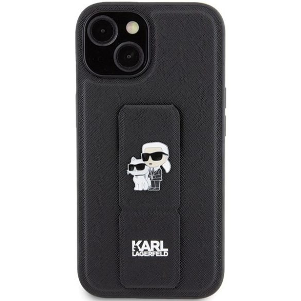 Karl Lagerfeld KLHCP15SGSAKCPK iPhone 15 / 14 / 13 6.1" fekete keménytok Gripstand Saffiano Karl&Choupette kitűzős