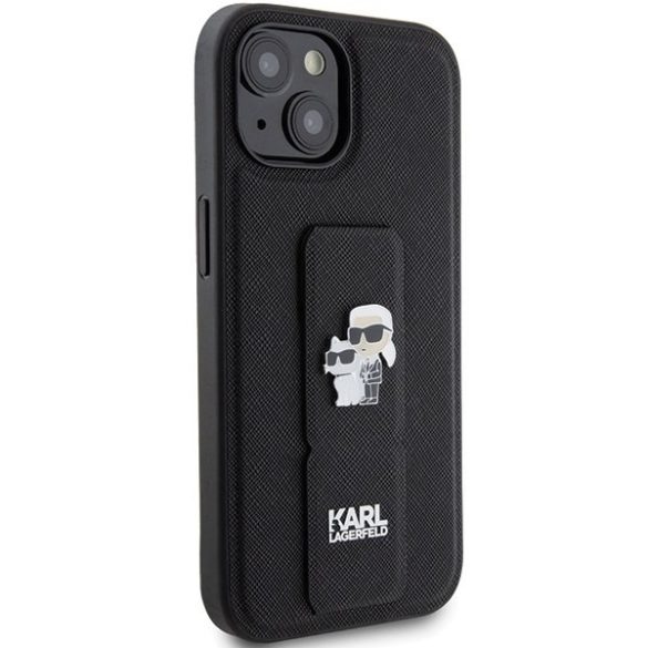 Karl Lagerfeld KLHCP15SGSAKCPK iPhone 15 / 14 / 13 6.1" fekete keménytok Gripstand Saffiano Karl&Choupette kitűzős