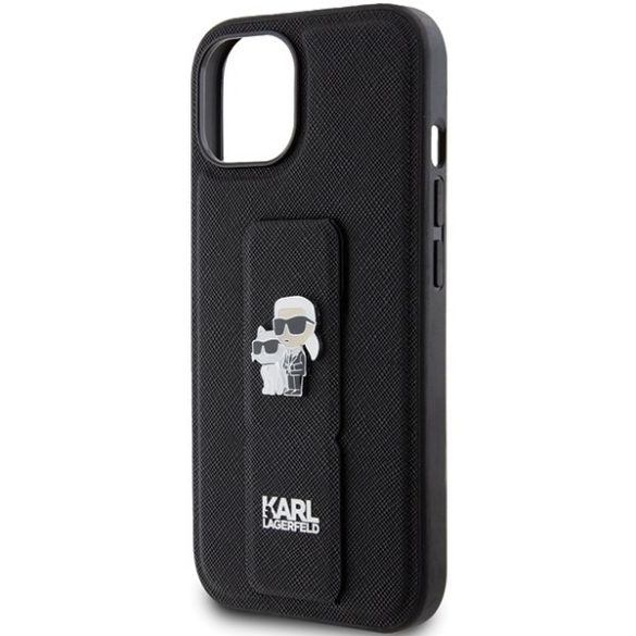 Karl Lagerfeld KLHCP15SGSAKCPK iPhone 15 / 14 / 13 6.1" fekete keménytok Gripstand Saffiano Karl&Choupette kitűzős