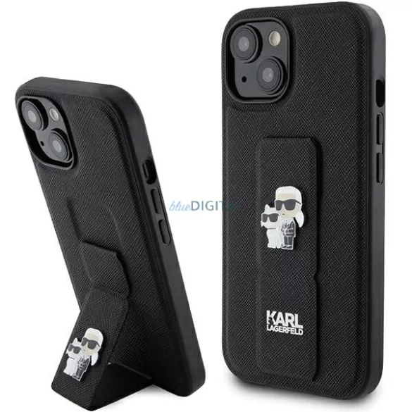 Karl Lagerfeld KLHCP15MGSAKCPK iPhone 15 Plus 6.7" fekete keménytok Gripstand Saffiano Karl&Choupette Pins