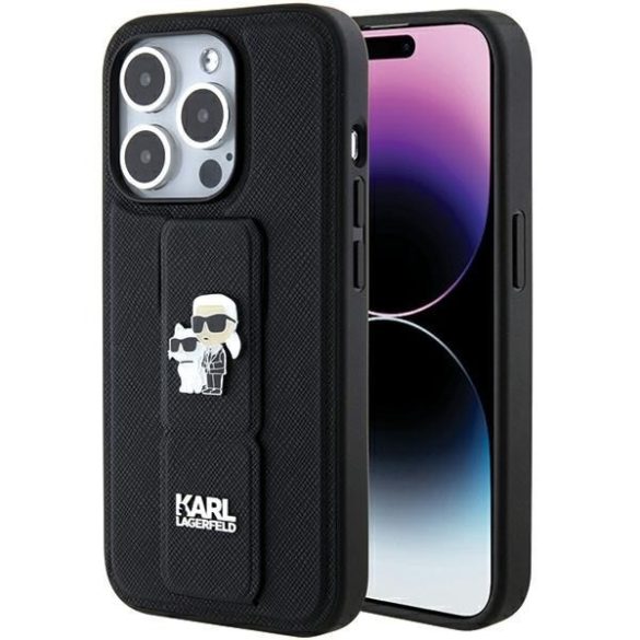 Karl Lagerfeld KLHCP15LGSAKCPK iPhone 15 Pro 6.1" fekete keménytok Gripstand Saffiano Karl&Choupette kitűzők