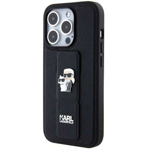 Karl Lagerfeld KLHCP15LGSAKCPK iPhone 15 Pro 6.1" fekete keménytok Gripstand Saffiano Karl&Choupette kitűzők