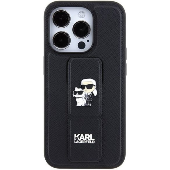 Karl Lagerfeld KLHCP15LGSAKCPK iPhone 15 Pro 6.1" fekete keménytok Gripstand Saffiano Karl&Choupette kitűzők