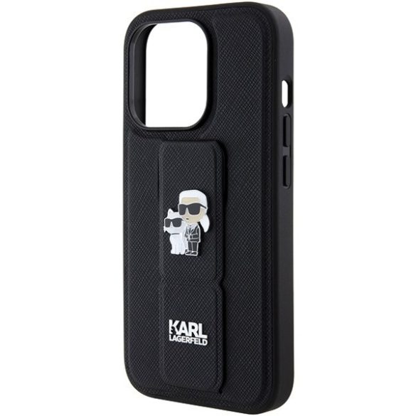 Karl Lagerfeld KLHCP15LGSAKCPK iPhone 15 Pro 6.1" fekete keménytok Gripstand Saffiano Karl&Choupette kitűzők