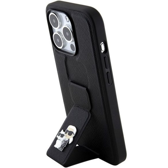 Karl Lagerfeld KLHCP15XGSAKCPK iPhone 15 Pro Max 6.7" fekete keménytok Gripstand Saffiano Karl&Choupette kitűzők