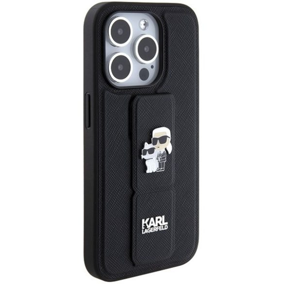 Karl Lagerfeld KLHCP15XGSAKCPK iPhone 15 Pro Max 6.7" fekete keménytok Gripstand Saffiano Karl&Choupette kitűzők
