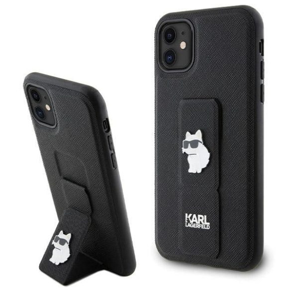 Karl Lagerfeld KLHCN61GSACHPK iPhone 11 / Xr 6.1" fekete keménytok Gripstand Saffiano Choupette kitűző