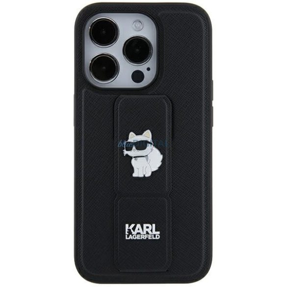 Karl Lagerfeld KLHCN61GSACHPK iPhone 11 / Xr 6.1" fekete keménytok Gripstand Saffiano Choupette kitűző