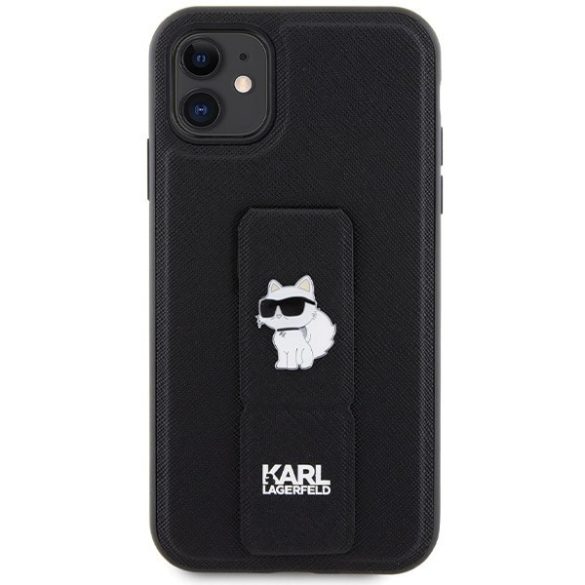 Karl Lagerfeld KLHCN61GSACHPK iPhone 11 / Xr 6.1" fekete keménytok Gripstand Saffiano Choupette kitűző