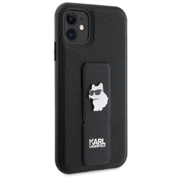 Karl Lagerfeld KLHCN61GSACHPK iPhone 11 / Xr 6.1" fekete keménytok Gripstand Saffiano Choupette kitűző