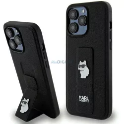   Karl Lagerfeld KLHCP13LGSACHPK iPhone 13 Pro / 13 6.1" fekete keménytok Gripstand Saffiano Choupette kitűző