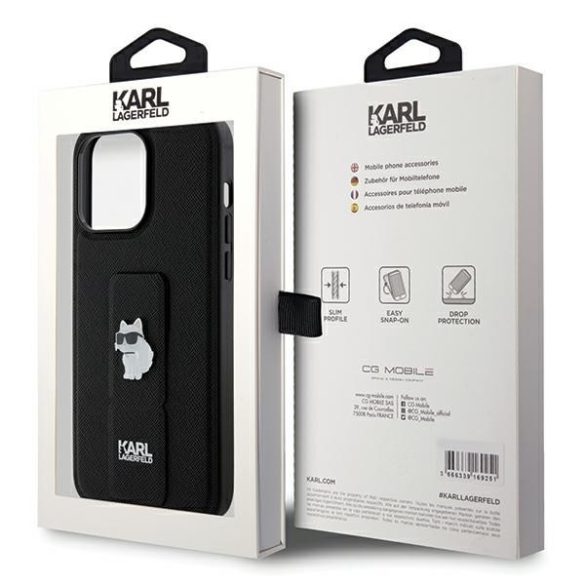 Karl Lagerfeld KLHCP13LGSACHPK iPhone 13 Pro / 13 6.1" fekete keménytok Gripstand Saffiano Choupette kitűző