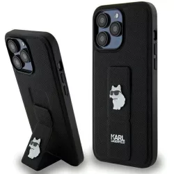   Karl Lagerfeld KLHCP13XGSACHPK iPhone 13 Pro Max 6.7" fekete keménytok Gripstand Saffiano Choupette kitűző