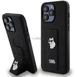   Karl Lagerfeld KLHCP13XGSACHPK iPhone 13 Pro Max 6.7" fekete keménytok Gripstand Saffiano Choupette kitűző