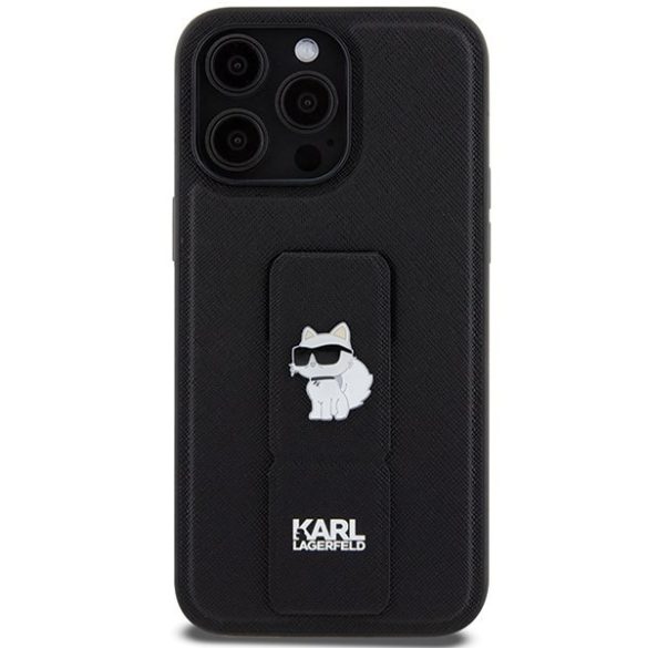 Karl Lagerfeld KLHCP13XGSACHPK iPhone 13 Pro Max 6.7" fekete keménytok Gripstand Saffiano Choupette kitűző