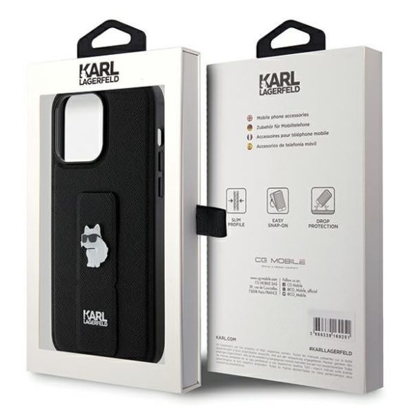 Karl Lagerfeld KLHCP13XGSACHPK iPhone 13 Pro Max 6.7" fekete keménytok Gripstand Saffiano Choupette kitűző