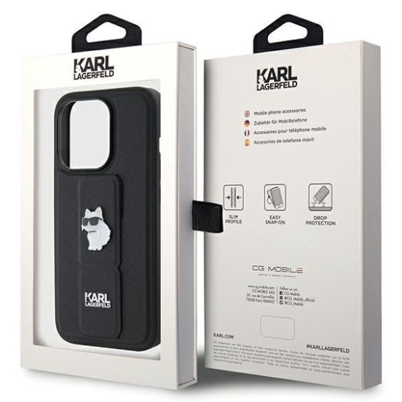 Karl Lagerfeld KLHCP14LGSACHPK iPhone 14 Pro 6.1" fekete keménytok Gripstand Saffiano Choupette Tűsarkok